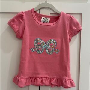 Blanke Boutique Pink Ruffle Shirt with Liberty Fabric Appliqué Bow Design NWOT